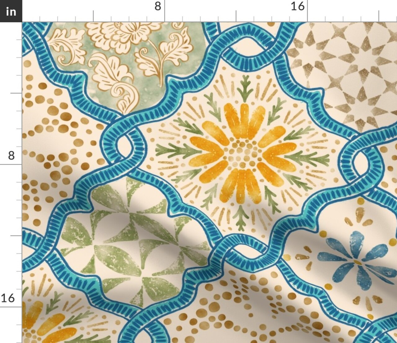 Geometric Tile Blue Green Floral Hand Drawn Watercolor Tropical Summer Coastal Custom Printed Fabric by Spoonflower Various Fabrics by the Yard or Fat Quarter